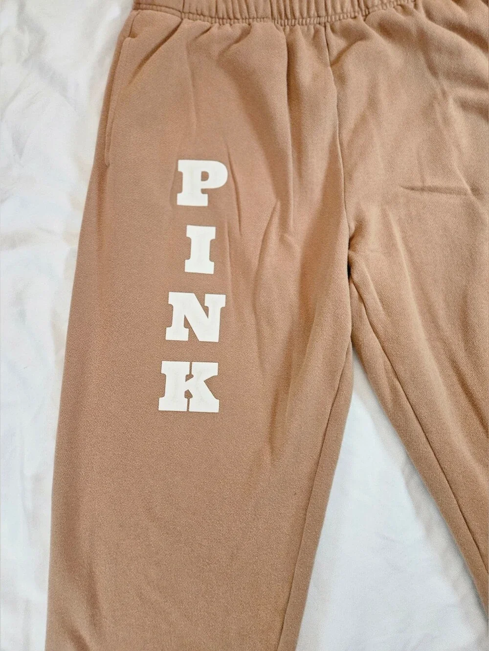 PINK Victoria's Secret Womens Tan Elastic Bottom Insignia Sweatpants Size Large